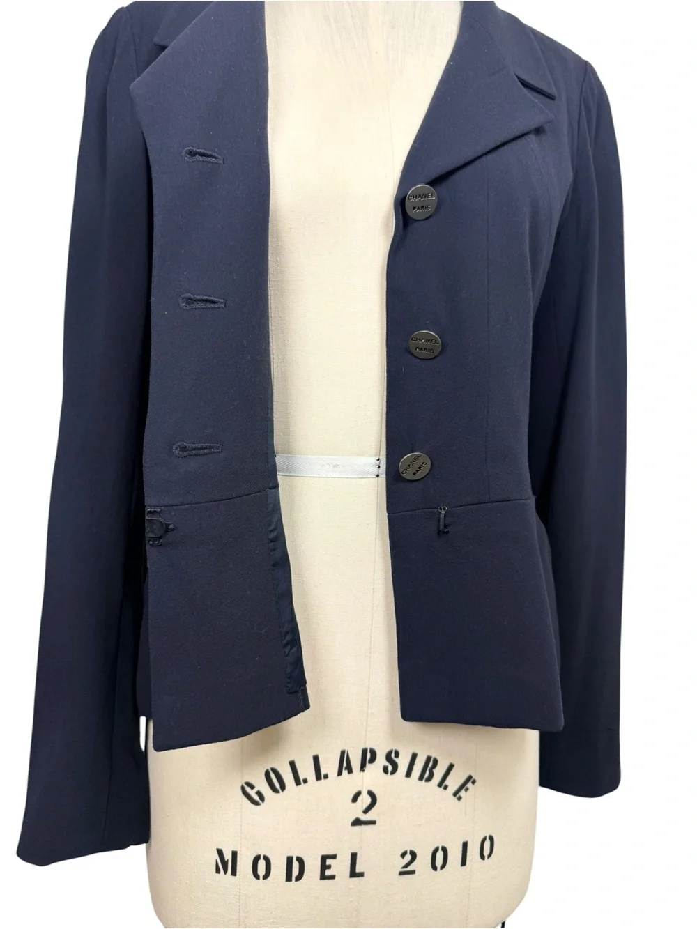 Vintage Chanel Navy Logo Button Tailored Blazer FR38
